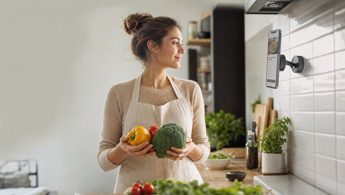 Frau in der Küche mit Fixpunkt Telefonständer, Hände frei zum Kochen