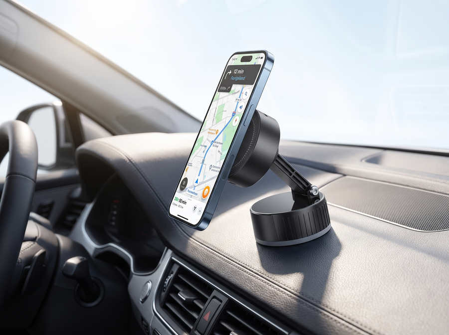 Magnetischer Telefonständer am Armaturenbrett mit Navigations-App