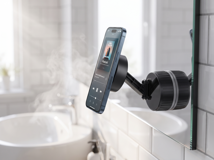 Magnetischer Telefonständer am Badezimmerspiegel während des Fertigmachens