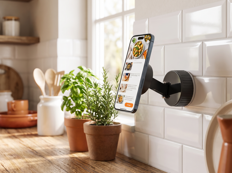 Magnetischer Telefonständer in der Küche mit Rezept-App auf dem Bildschirm
