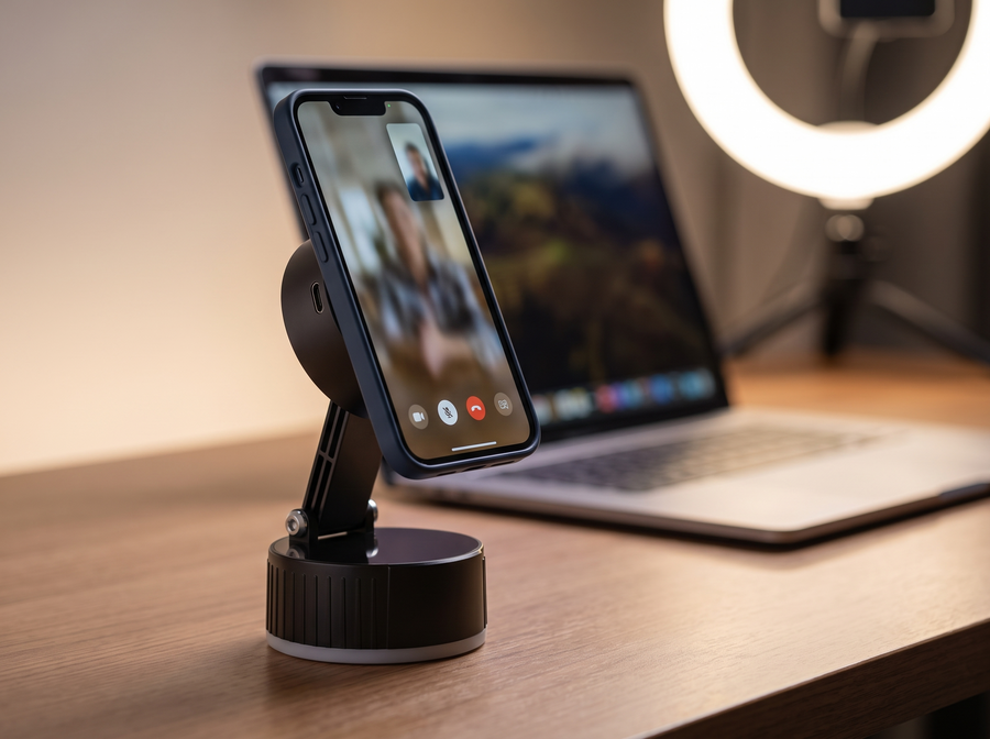 Magnetischer Telefonständer am Schreibtisch für Videocalls und Aufnahmen